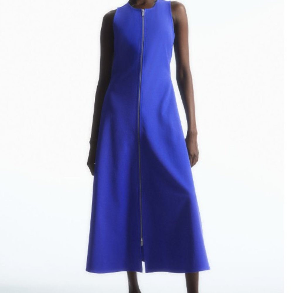 COS - New FLARED ZIP-UP MIDI DRESS in Blue Sz Medium